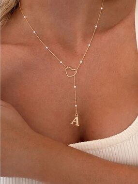Dainty gold initial A heart Y necklace with pearls, elegant minimalist
